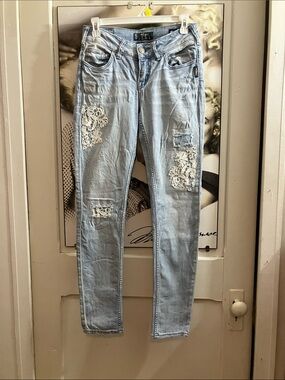 Silver Jeans Light Blue Skinny Jeans with Lace Patch Details